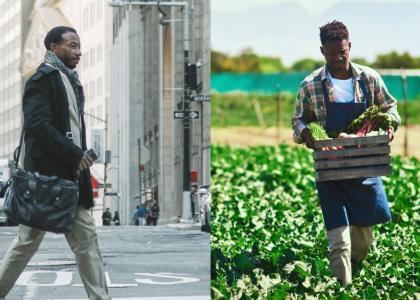 In one image a Black man walks through a city, in another, a Black farmer walks through his field