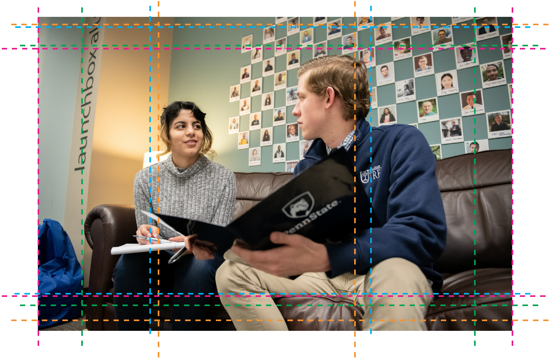 Interns in conversation, with image card crop marks. 
