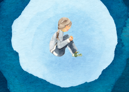 Watercolor image of lonely or hurt child on blue background