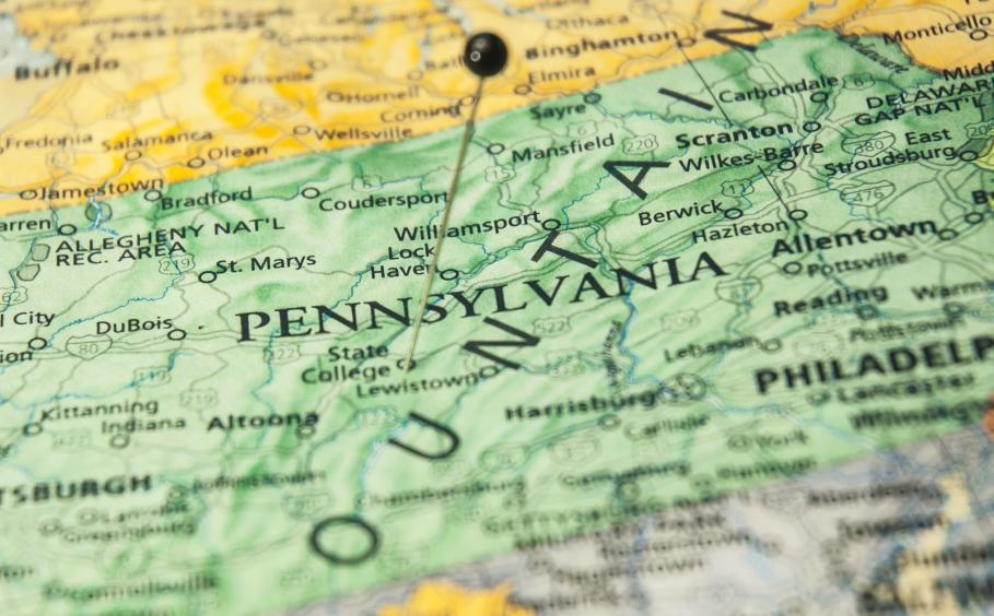 Map of Pennsylvania with pin in State College.