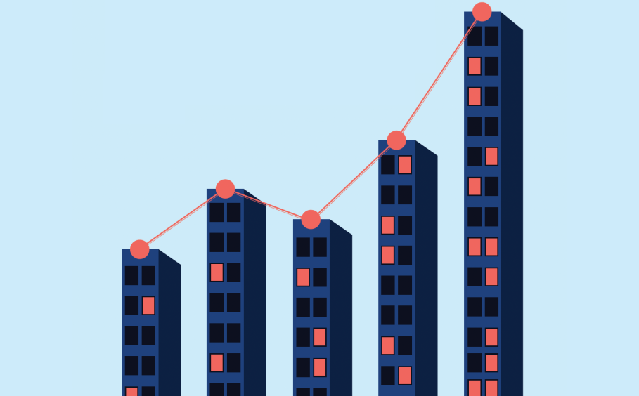 Illustration of skyscrapers and growing data points