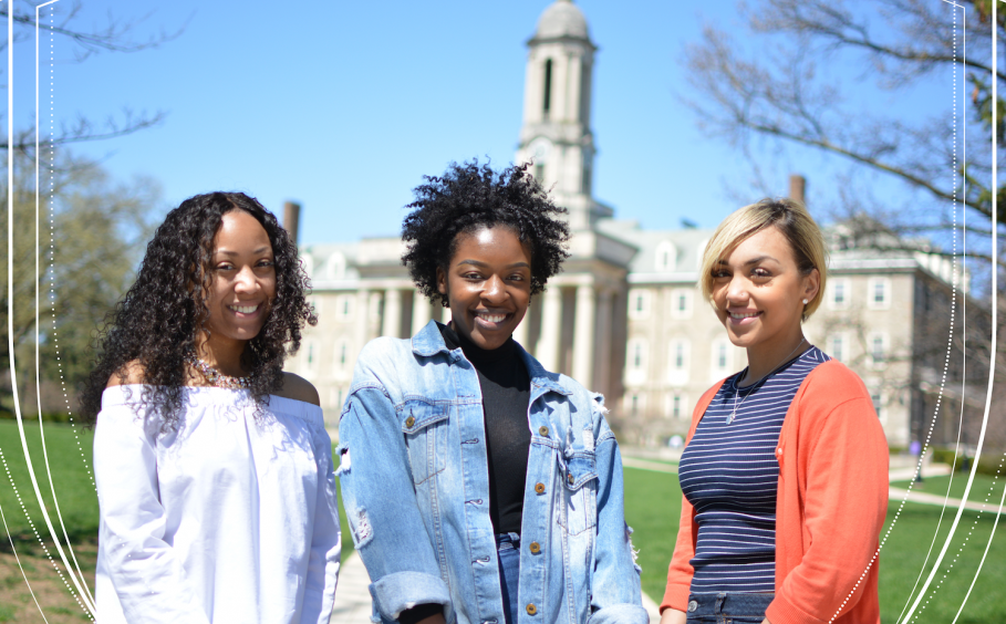 Three diverse HHD undergraduate women in front of Old Main