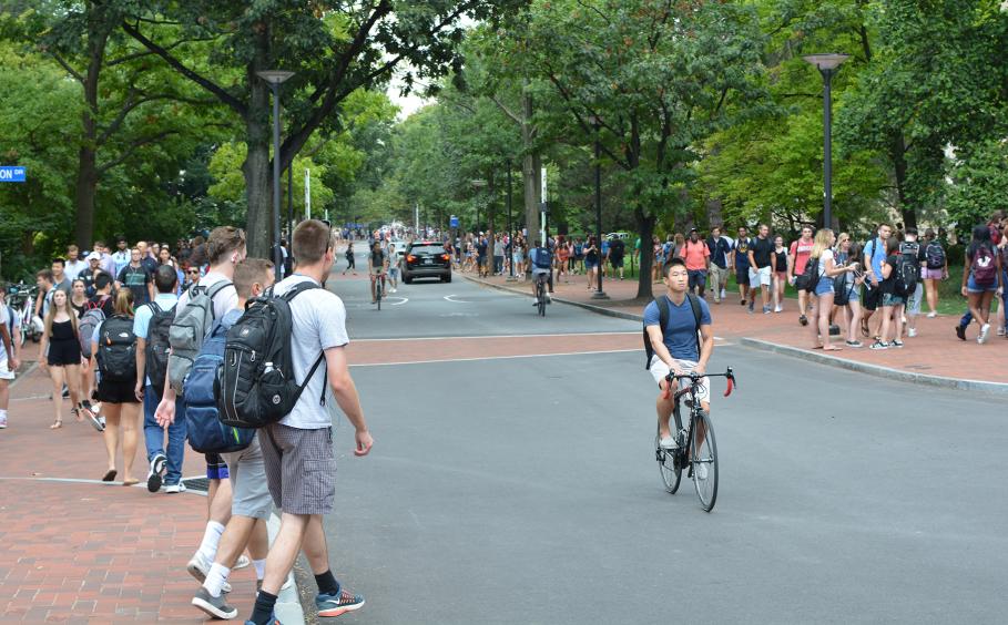 Sidewalks full of students on campus 