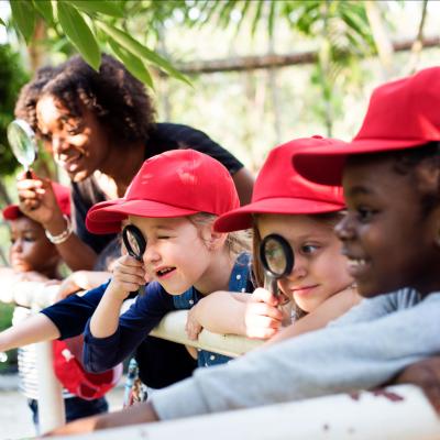 A group of children are looking through magnifying glasses in an outdoor setting