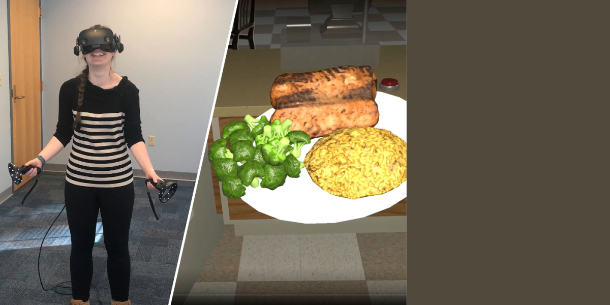 A research participant wears a VR headset and uses VR controllers to interact with a virtual reality space. The second image shows a virtual eating space with a plate of virtual food.