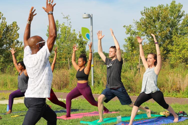 Outdoor yoga at a park in Philadelphia