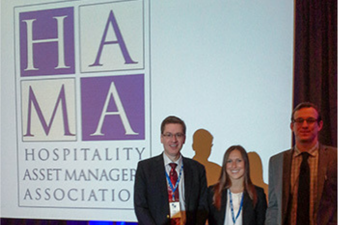 =O'Neill and two School of Hospitality Management students made presentations at the annual Hospitality Asset Managers Association (HAMA) conference at the Westin Hotel in Boston. left to right: Dr. John O'Neill, Samantha Martin, Chase Garber